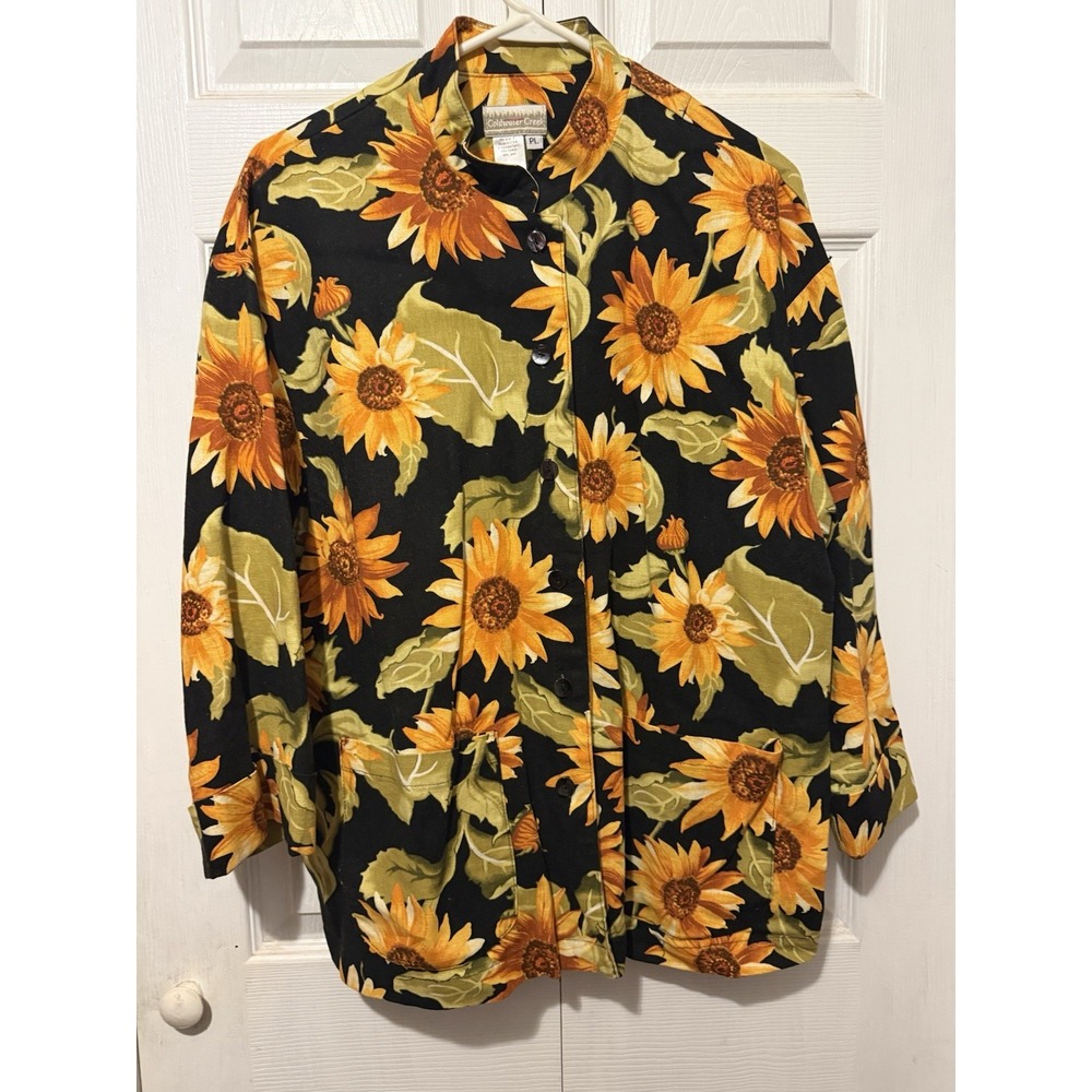Vintage Coldwater Creek PL Sunflower Jacket Made USA Black Floral Cottagecore